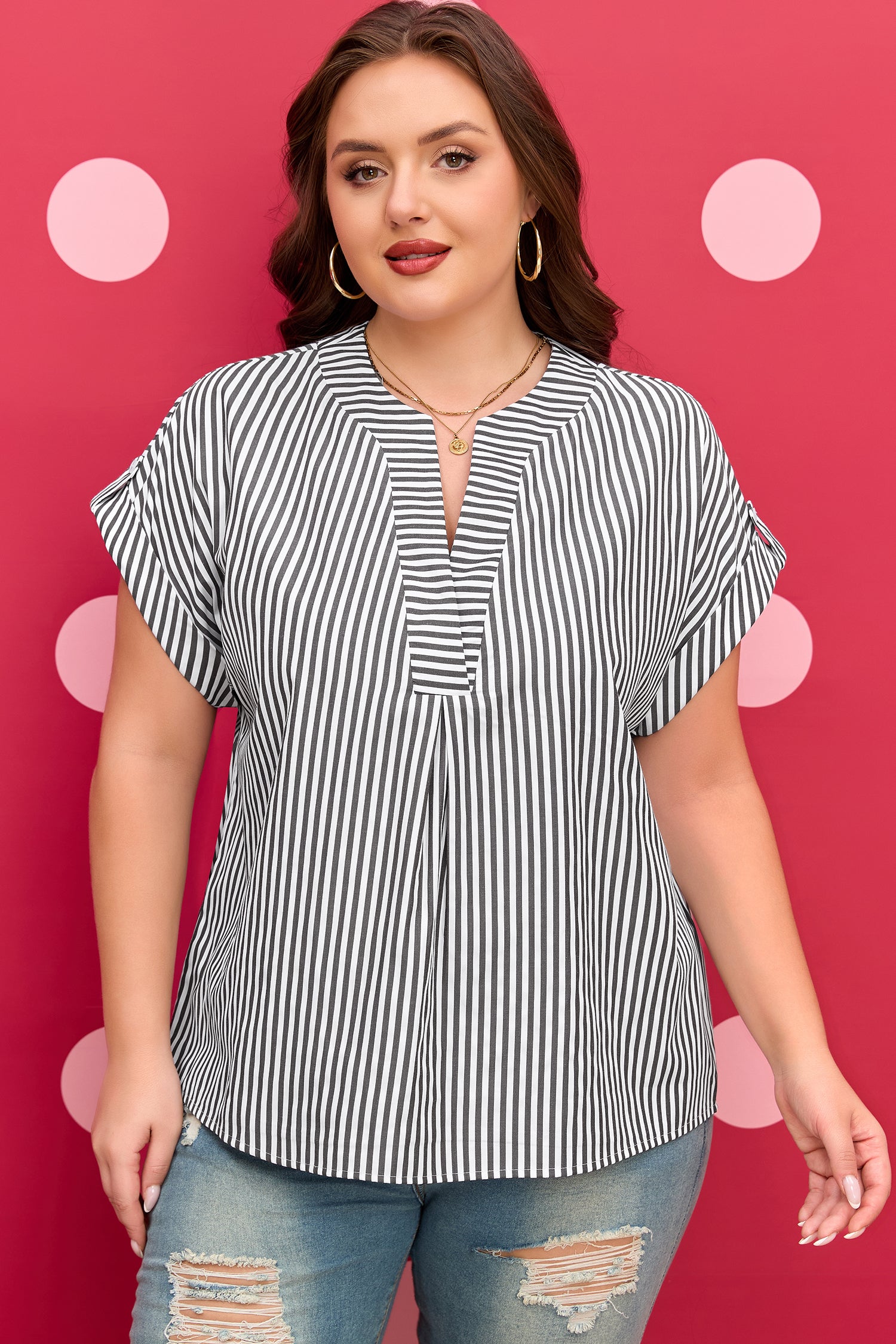 Black Stripe Plus Size V Neck Dolman Sleeve Blouse