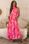Rose Abstract Print High Neck Knotted Sleeveless Maxi Dress