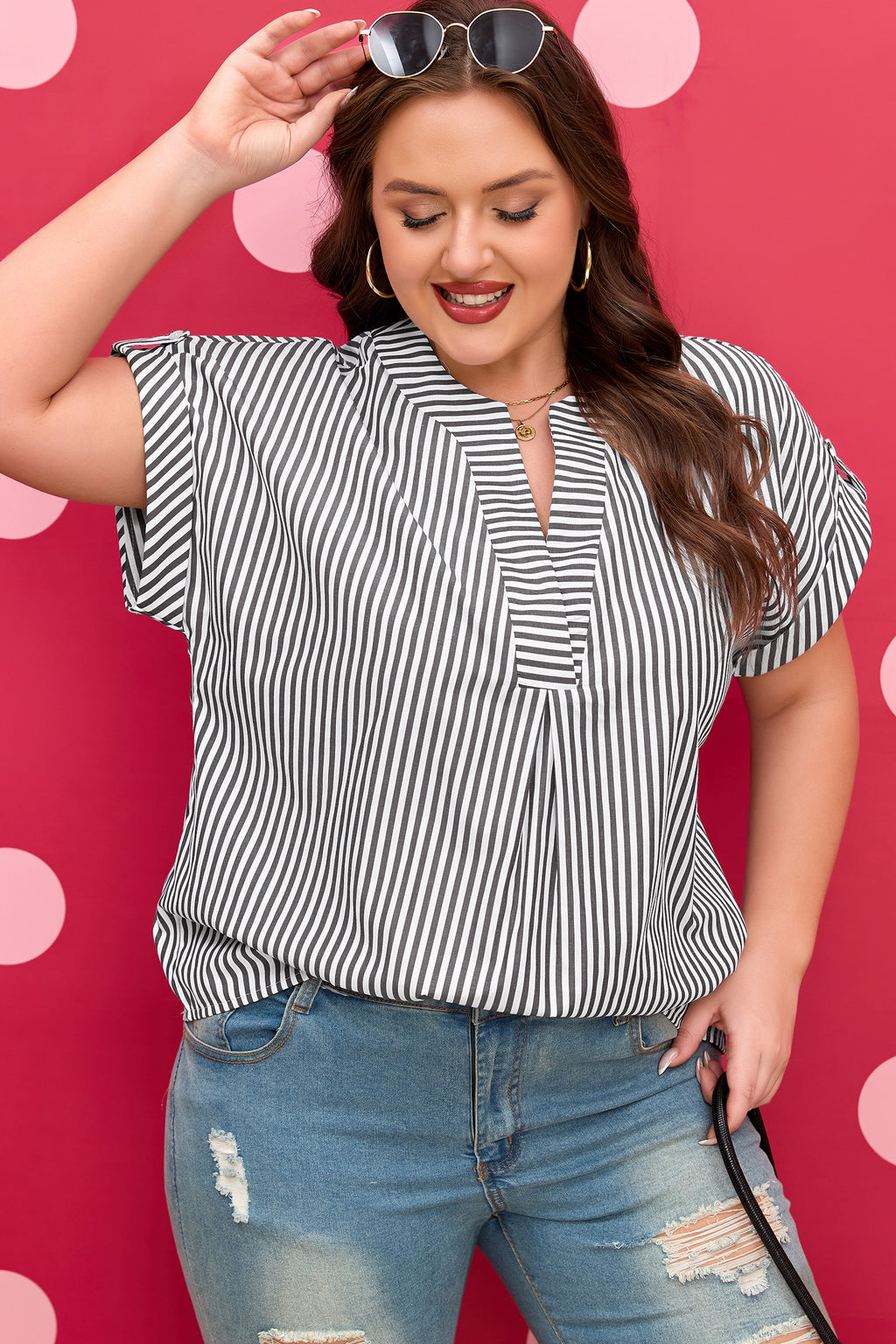 Black Stripe Plus Size V Neck Dolman Sleeve Blouse
