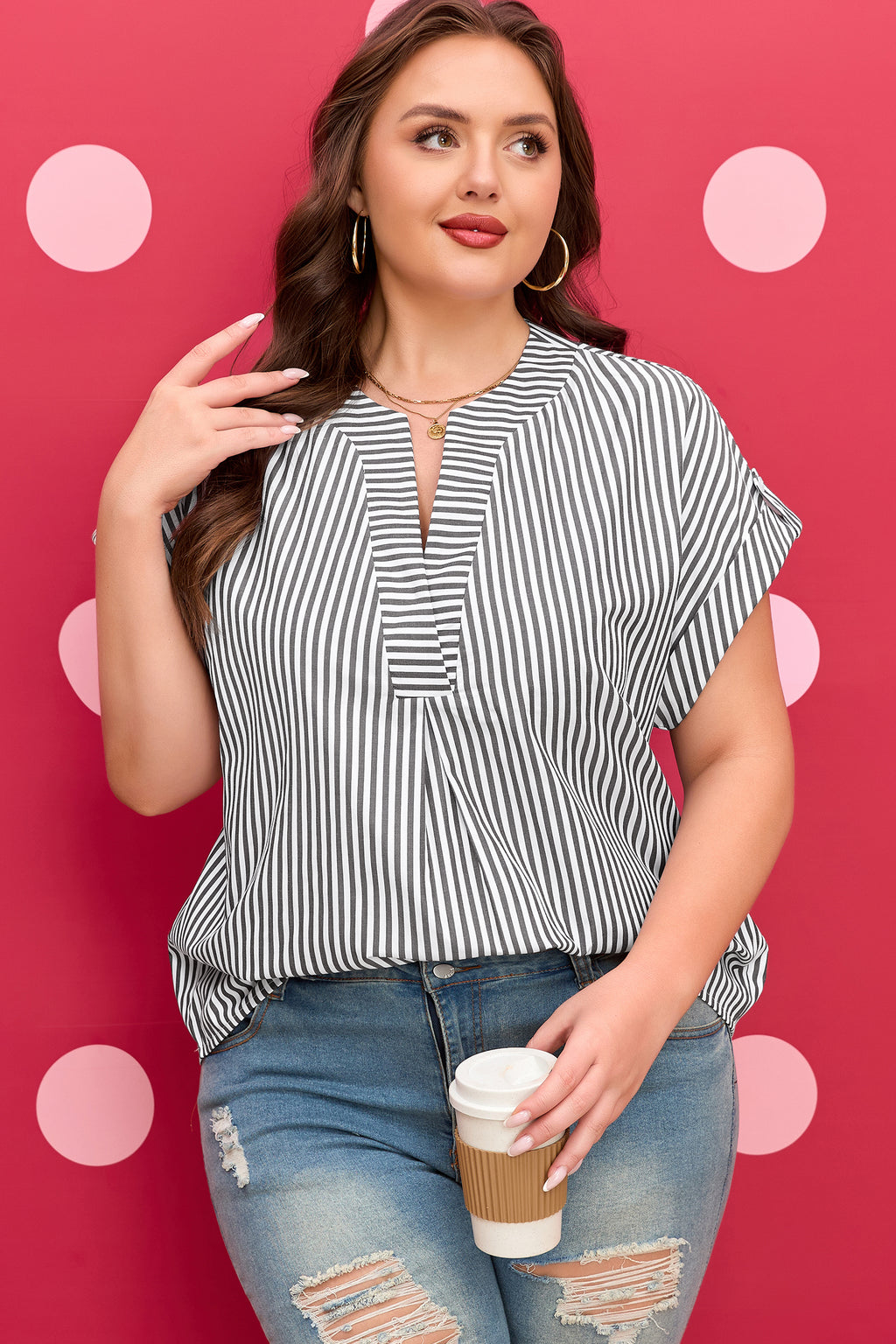 Black Stripe Plus Size V Neck Dolman Sleeve Blouse