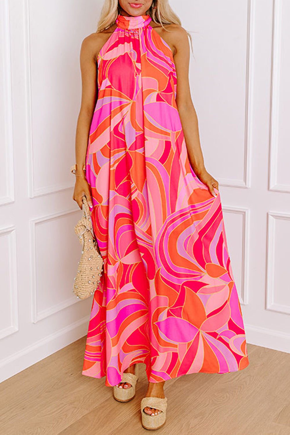 Rose Abstract Print High Neck Knotted Sleeveless Maxi Dress