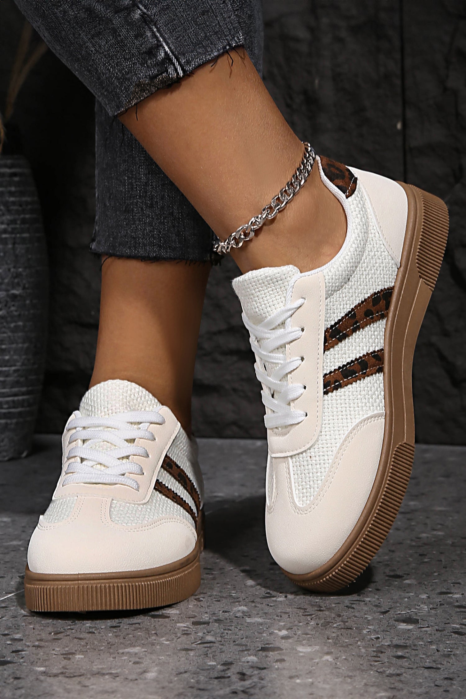 White Textured Woven PU Leather Leopard Patchwork Flat Sneakers