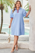 Beau Blue Contrast Trim Puff Sleeve Plus Size T-Shirt Dress
