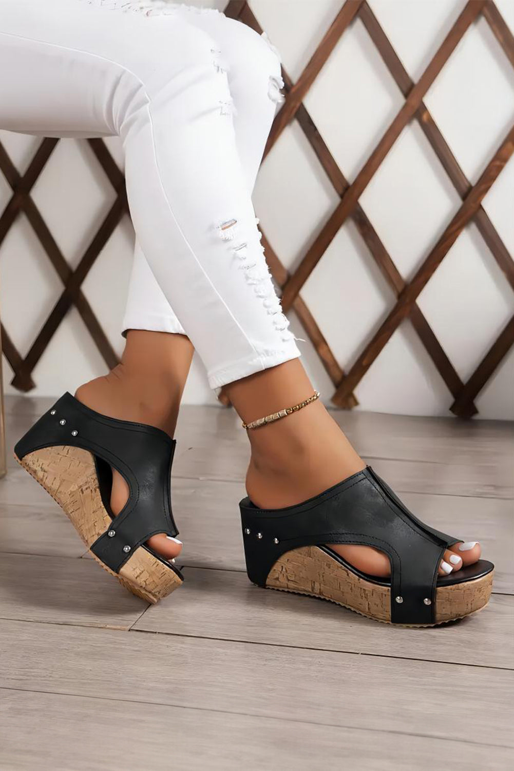 Black Studded Hollow Out PU Leather Wedge Slippers