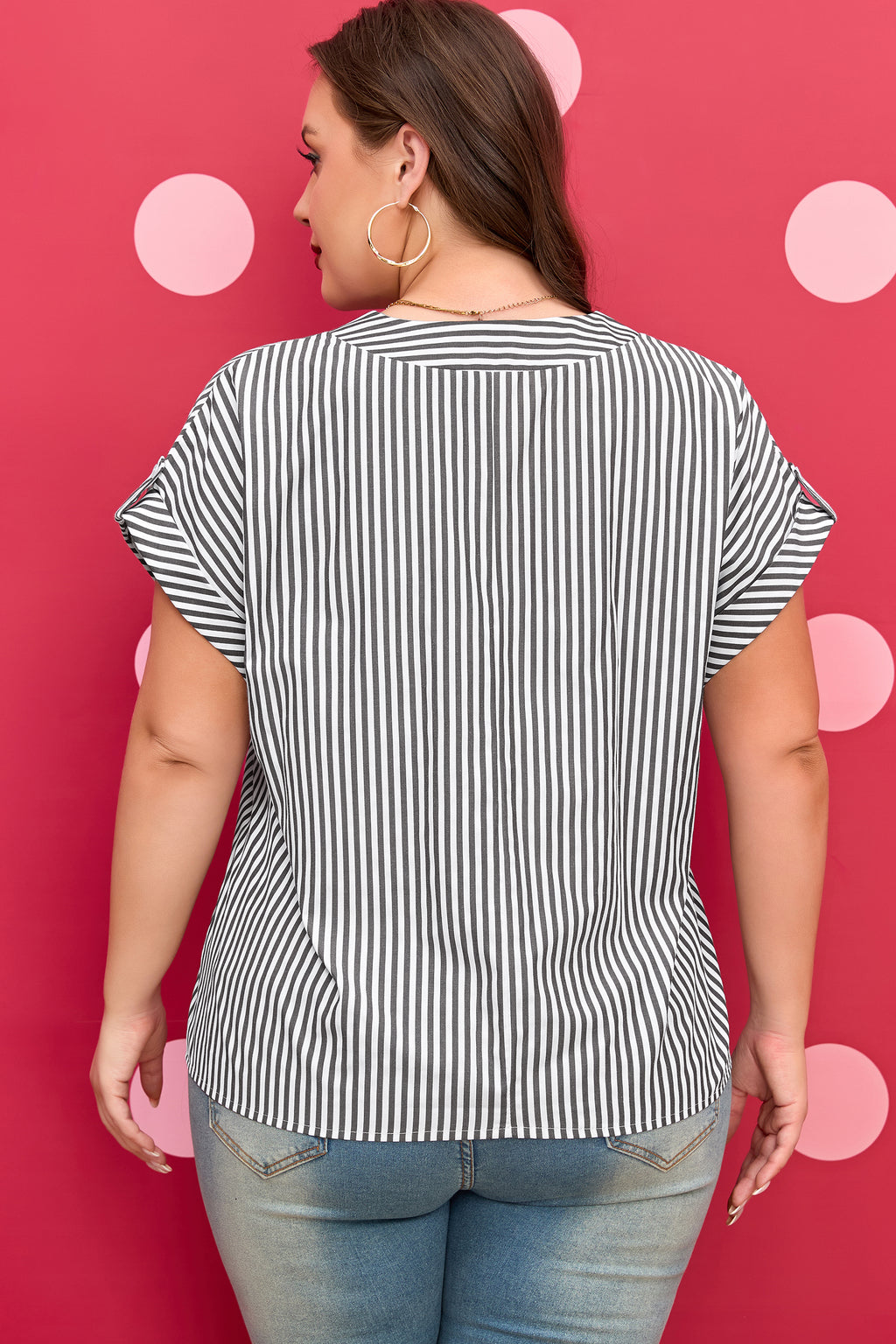 Black Stripe Plus Size V Neck Dolman Sleeve Blouse