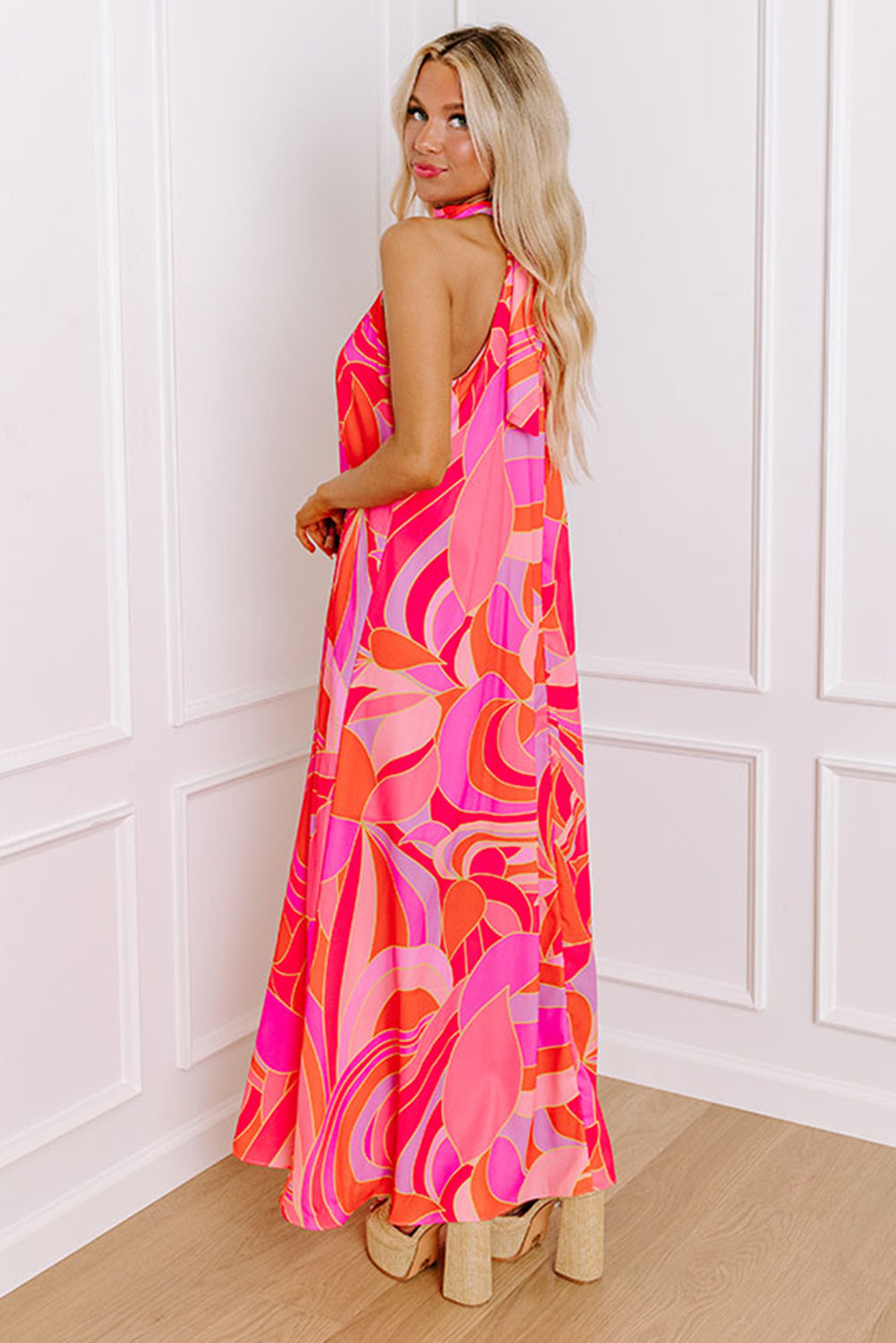 Rose Abstract Print High Neck Knotted Sleeveless Maxi Dress