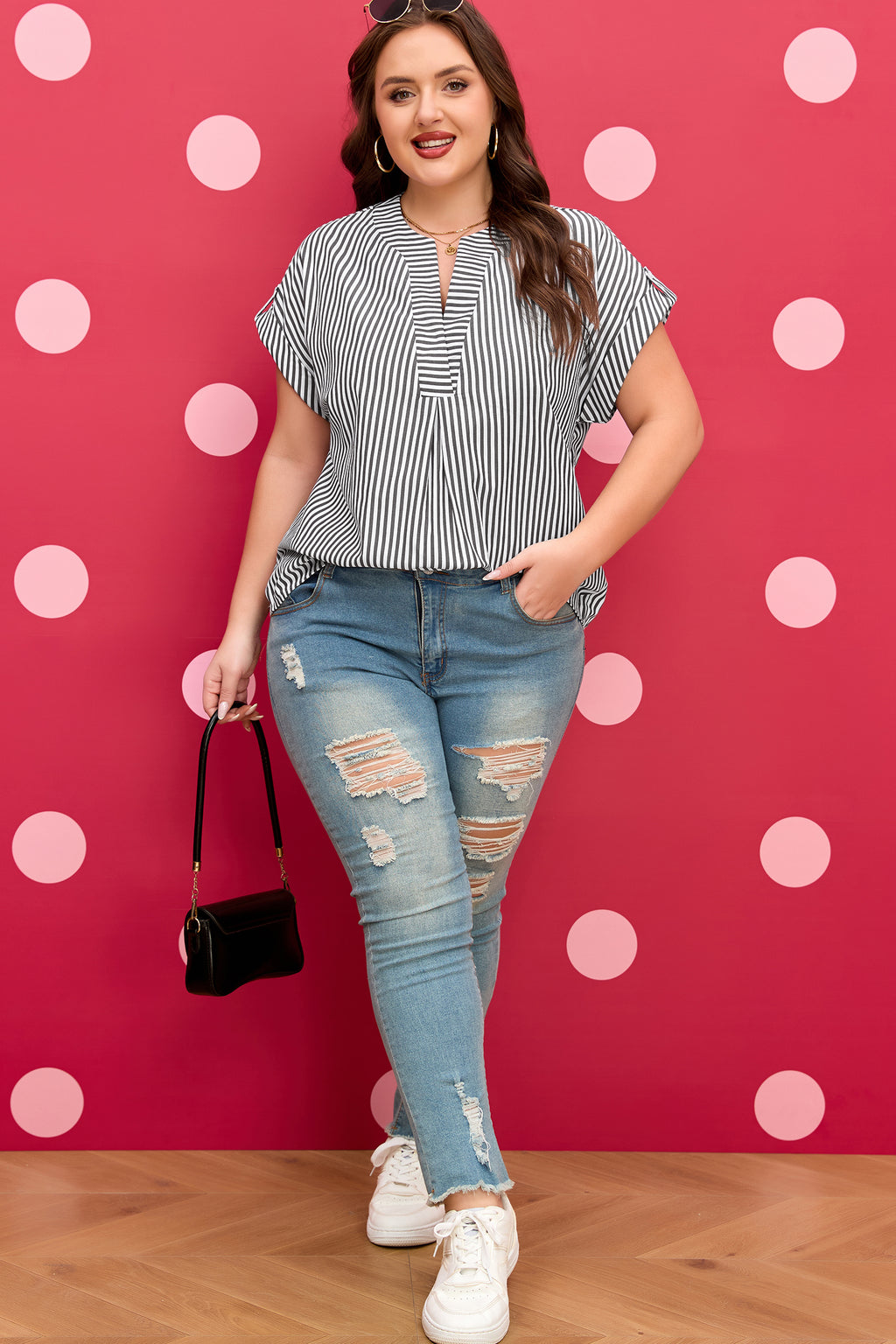 Black Stripe Plus Size V Neck Dolman Sleeve Blouse