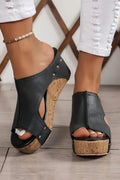 Black Studded Hollow Out PU Leather Wedge Slippers