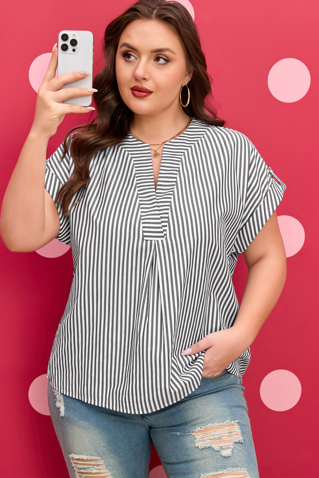 Black Stripe Plus Size V Neck Dolman Sleeve Blouse