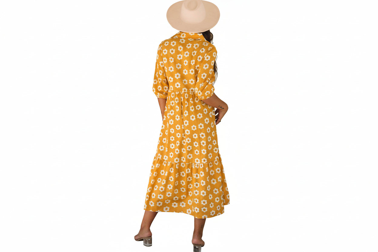 Yellow Flower Print Bracelet Sleeve Buttons Collared Maxi Dress