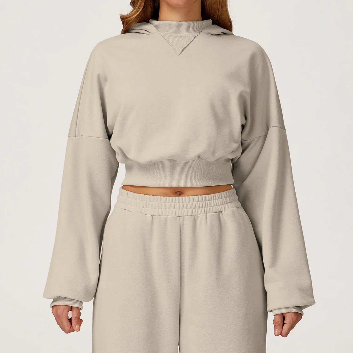 Women's Cropped Hooded Fitness Sweatshirt, Jogging Sweatpants & Gym Top, or Sportswear Running 2-Piece Set