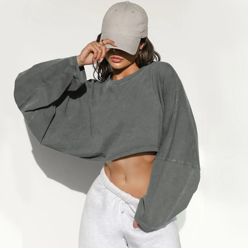 2026 Cute Navel Crewneck Sweater Women's Short Sports Base Shirt Knitted Long Sleeve Solid Color Viscose Spandex Top