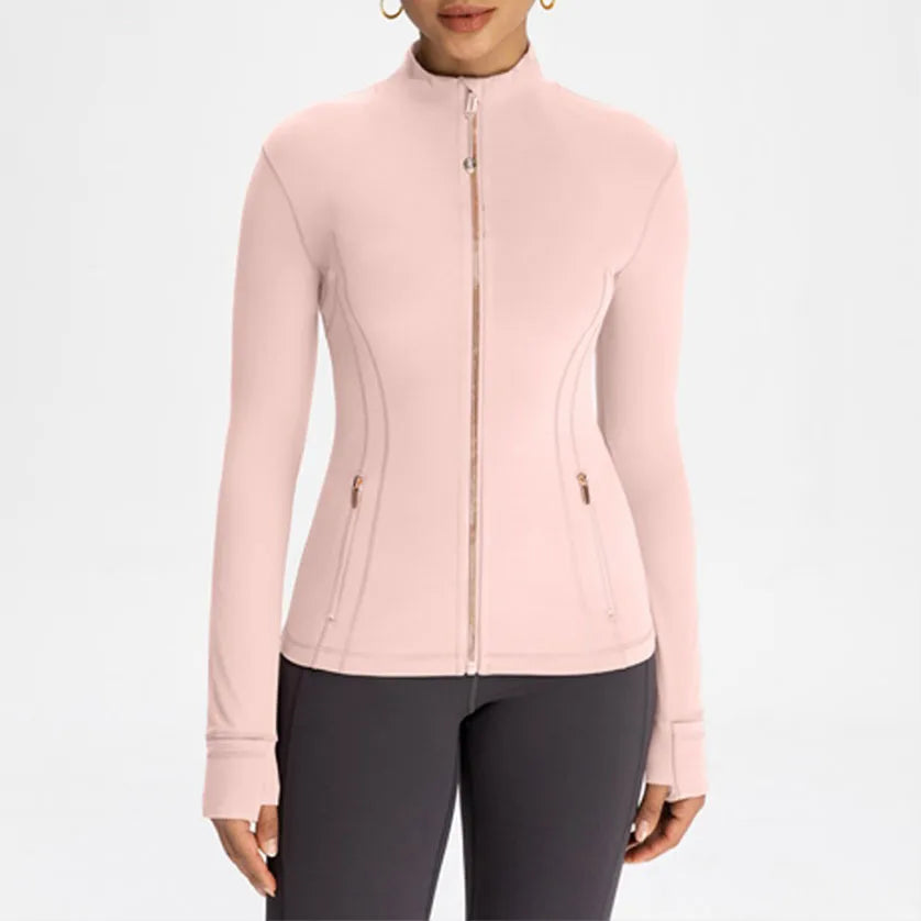 Gold Zipper Women Seamless Breathable Nylon Spandex Workout Yoga Jackets Quick Dry Stand Neck  Gym Jacket