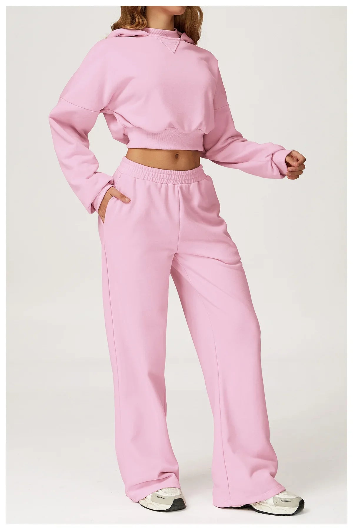 Women's Cropped Hooded Fitness Sweatshirt, Jogging Sweatpants & Gym Top, or Sportswear Running 2-Piece Set