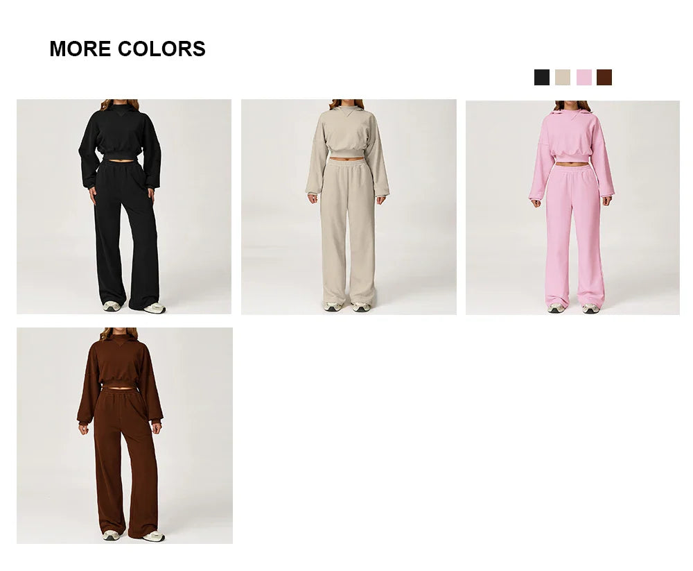 Women's Cropped Hooded Fitness Sweatshirt, Jogging Sweatpants & Gym Top, or Sportswear Running 2-Piece Set