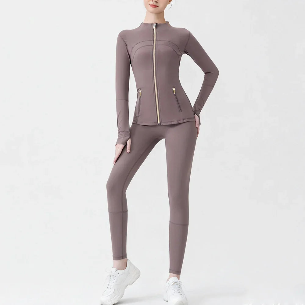 Breathable Seamless Quick Dry Plus Size Outdoor Sportswear Windproof Women Gym Yoga Jacket Set