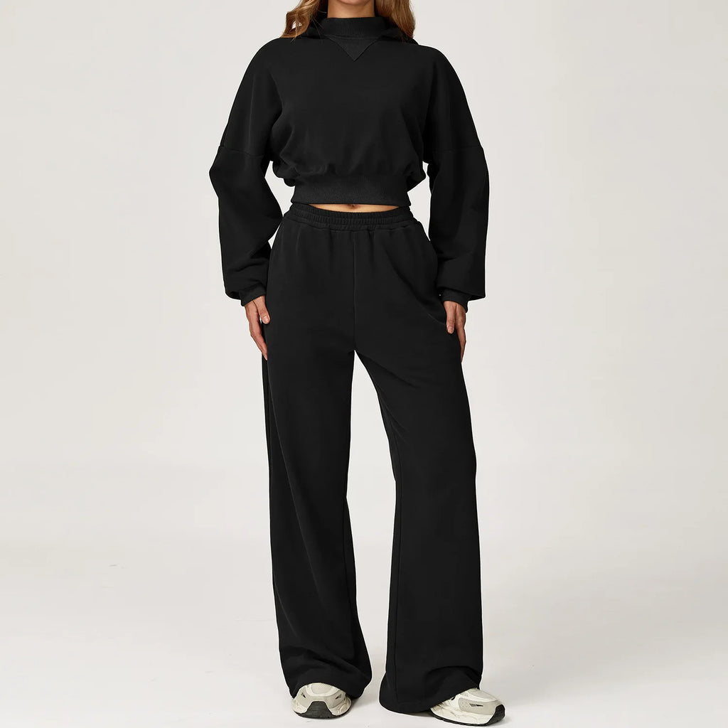 Women's Cropped Hooded Fitness Sweatshirt, Jogging Sweatpants & Gym Top, or Sportswear Running 2-Piece Set