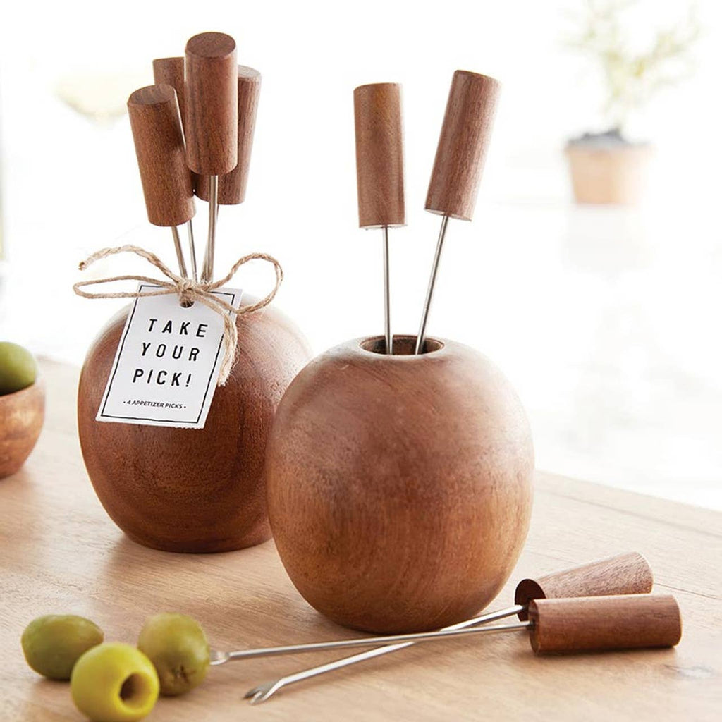 Acacia Wood Charcuterie Appetizer Picks | Set of 4 with Holder