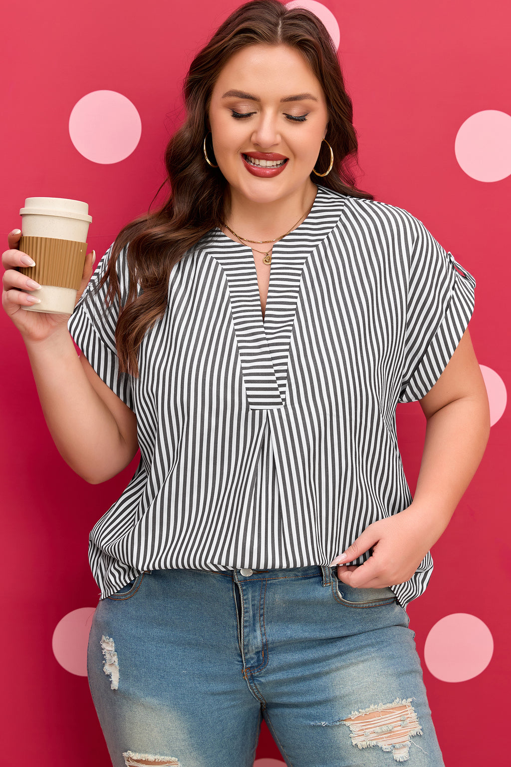 Black Stripe Plus Size V Neck Dolman Sleeve Blouse