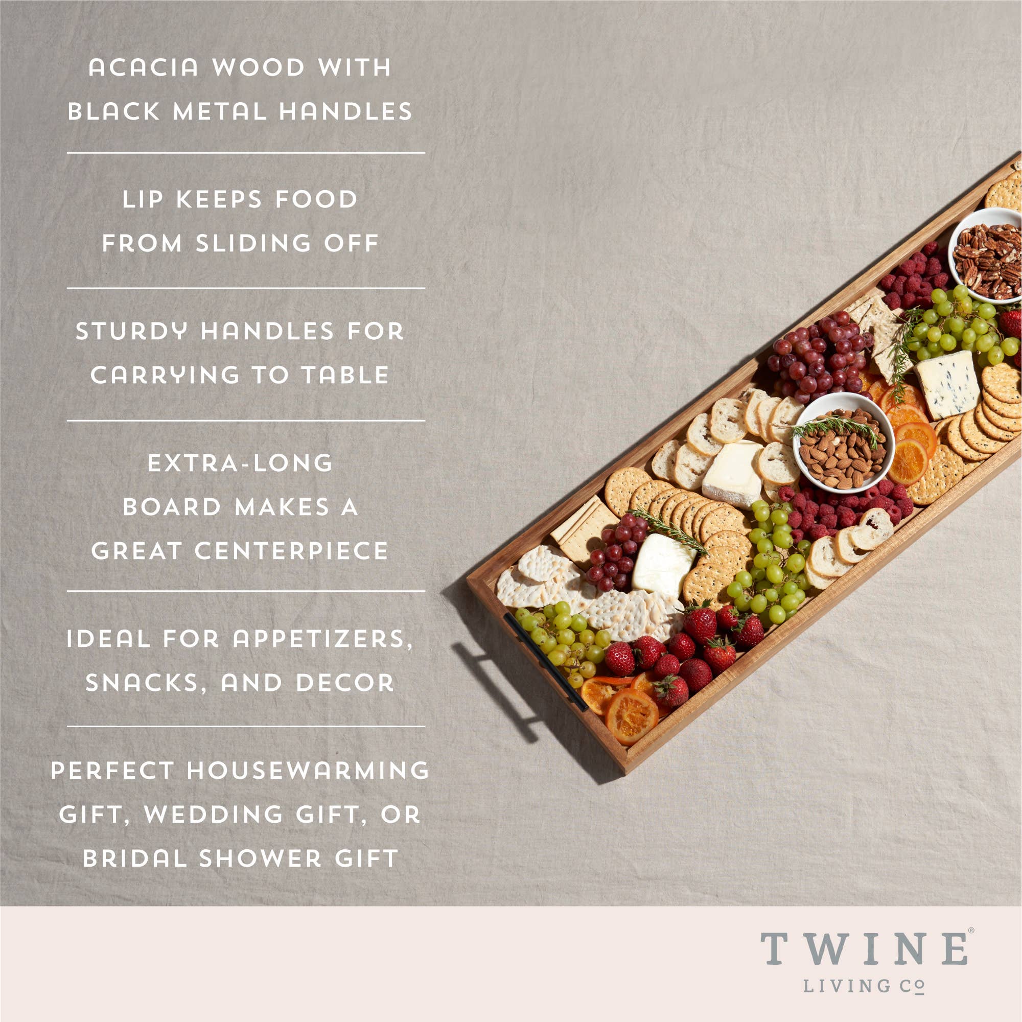 The Longboard | 36" Acacia Wood Cheese & Charcuterie Board with Metal Handles