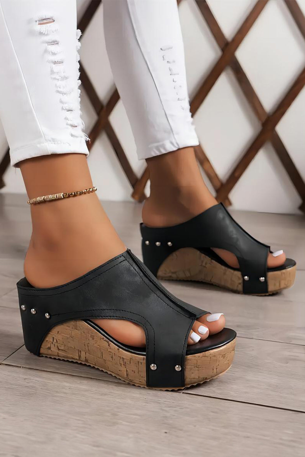 Black Studded Hollow Out PU Leather Wedge Slippers