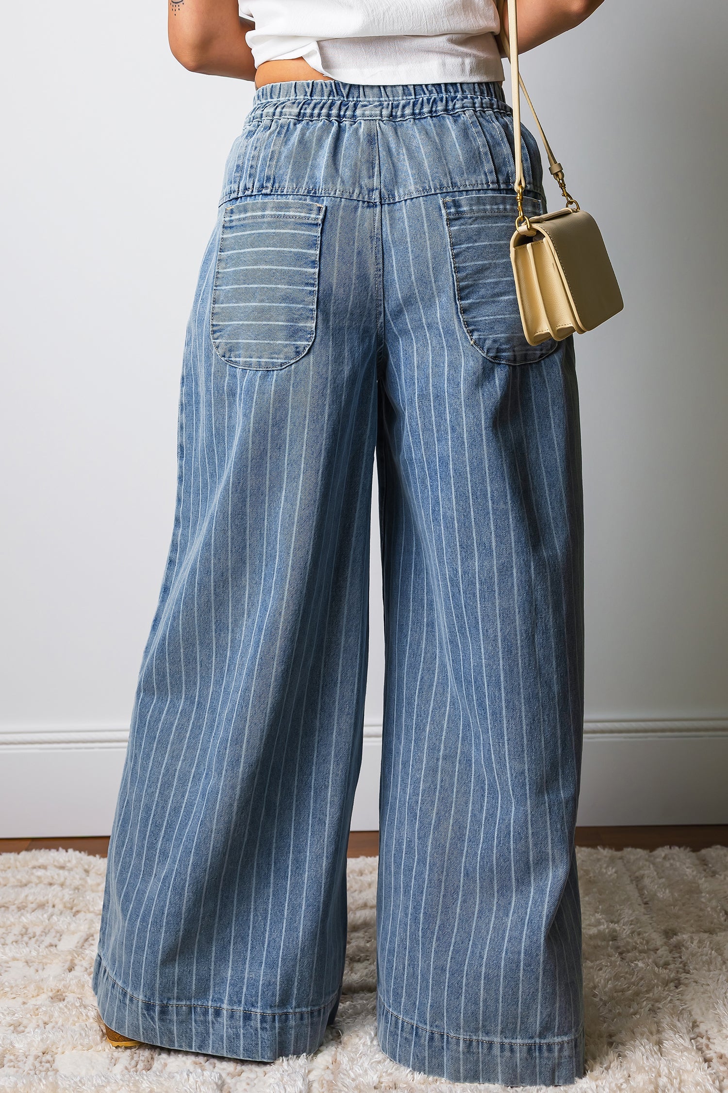 Sky Blue Stripe Wide Leg Jeans | Drawstring Waist & Pleated Detail