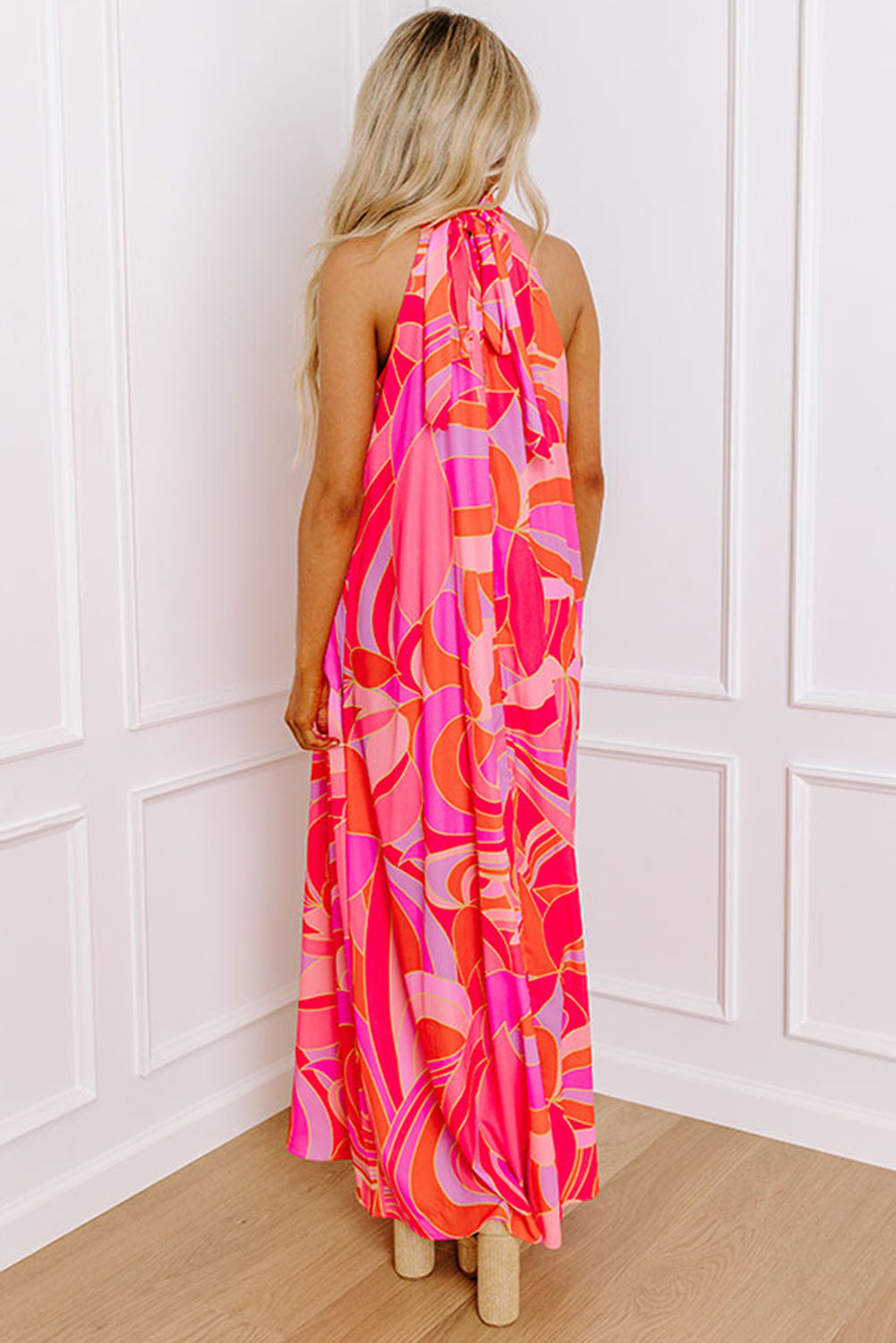 Rose Abstract Print High Neck Knotted Sleeveless Maxi Dress