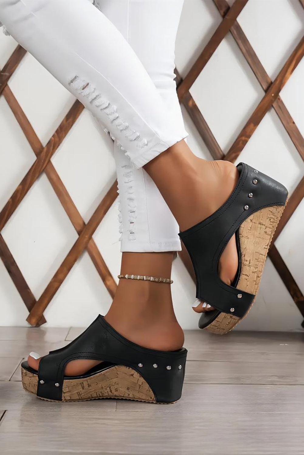 Black Studded Hollow Out PU Leather Wedge Slippers