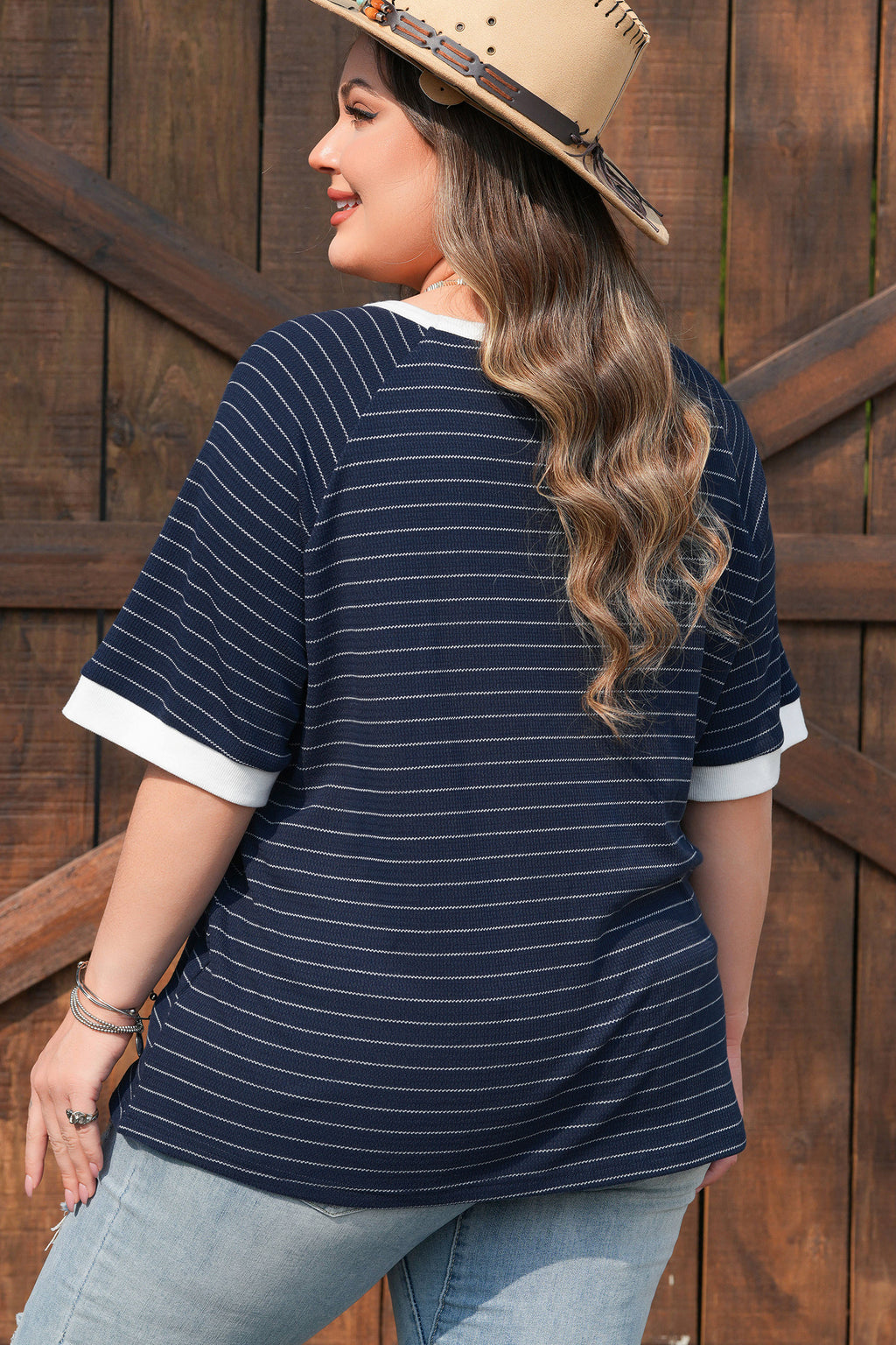 Blue Stripe Contrast Trim Plus Size Ribbed T-Shirt