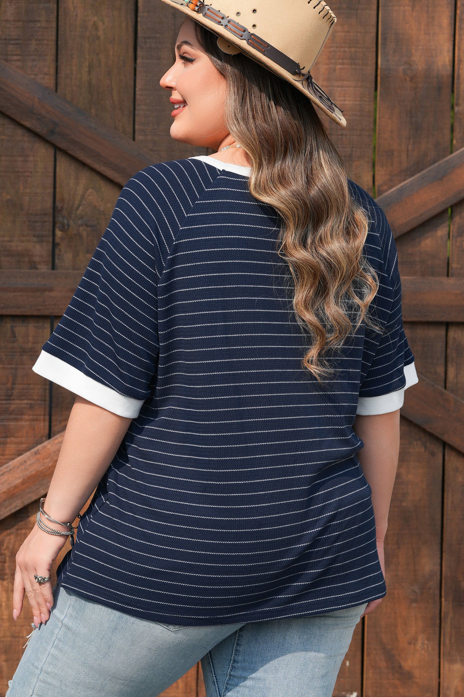Blue Stripe Contrast Trim Plus Size Ribbed T-Shirt