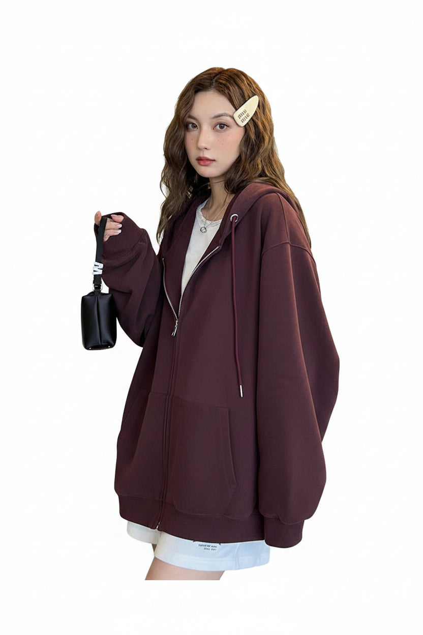 Solid Color Zipper Sweater Coat Women's Style Hooded
