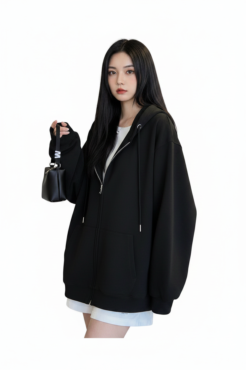 Solid Color Zipper Sweater Coat Women's Style Hooded